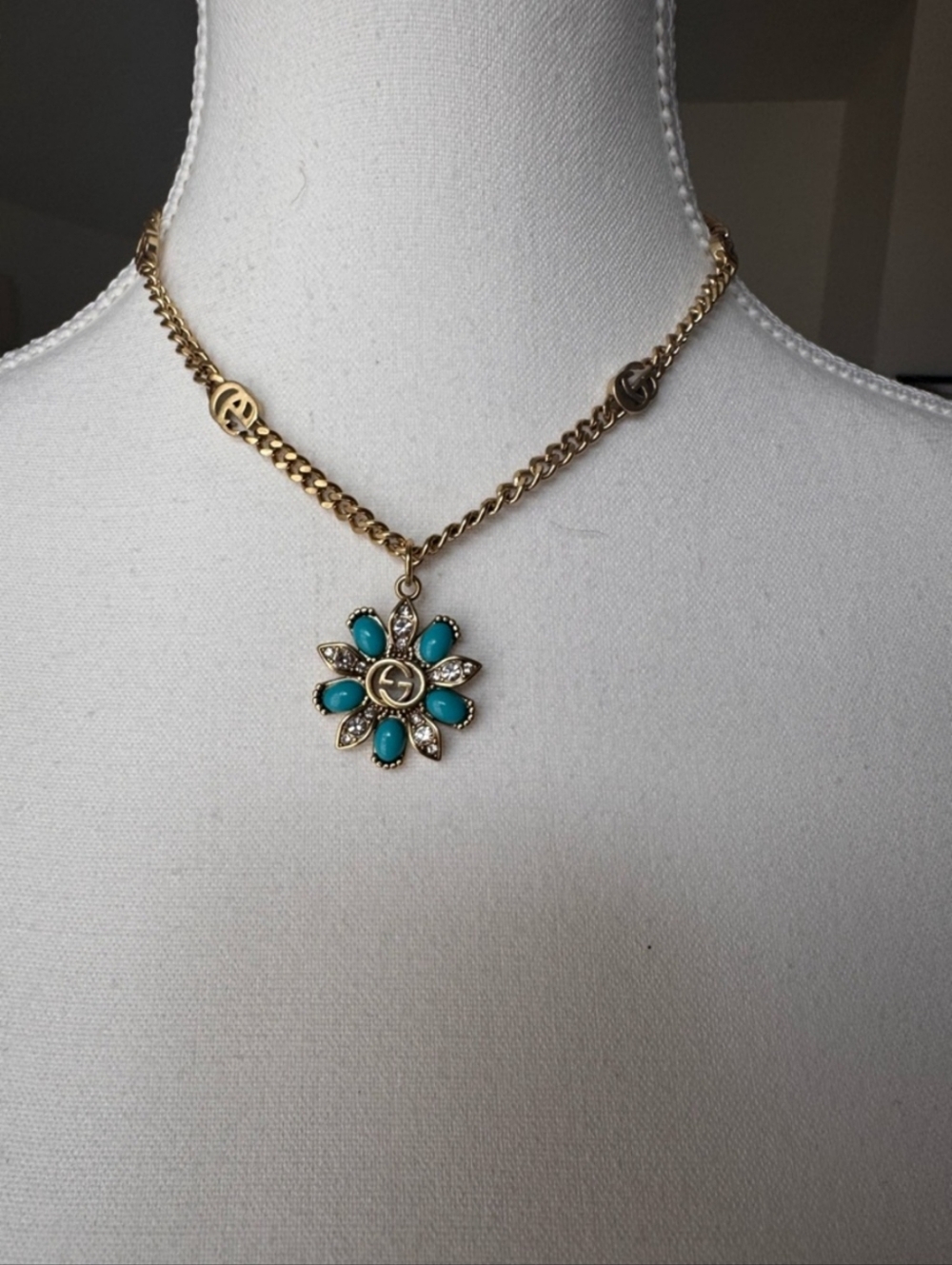 Gold-Tone Floral Turquoise Pendant Necklace - Designer Necklace